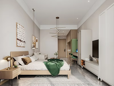 Modern Apartment Bedroom Featuring Wooden Bed Green Chair TV Wardrobe And Decorative Art Chandelier 3d model