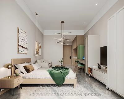 Modern Apartment Bedroom Featuring Wooden Bed Green Chair TV Wardrobe And Decorative Art Chandelier 3d model