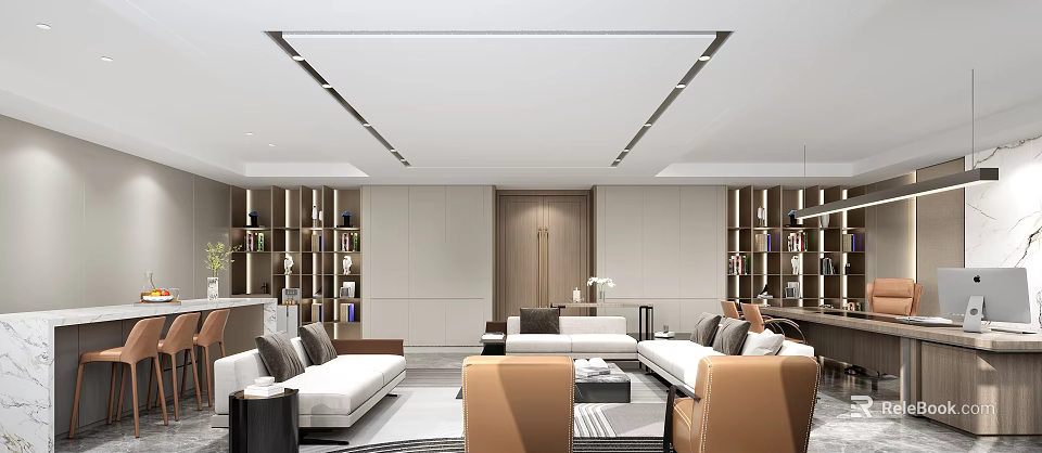 Modern Office Interior Design With Comfortable Sofas Wooden Bookshelves And Open Layout 3d model