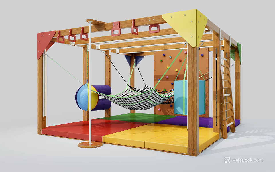 Indoor Wooden Play Equipment With Climbing Elements Hammock Colorful Mats And Ladder For Kids 3d model 