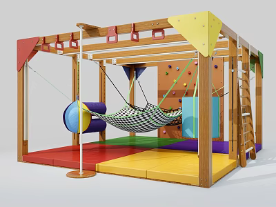 Indoor Wooden Play Equipment With Climbing Elements Hammock Colorful Mats And Ladder For Kids 3d model