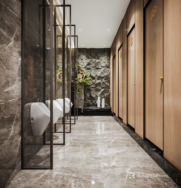 Modern Public Restroom Interior With Marble Walls Wooden Partitions And Green Plants 3d model 