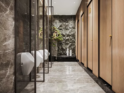 Modern Public Restroom Interior With Marble Walls Wooden Partitions And Green Plants 3d model