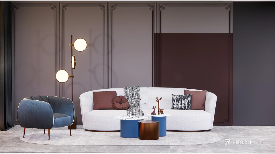Modern Elegant Interior Featuring White Sofa With Throw Pillows And Blue Brown Coffee Table Set 3d model