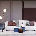 Modern Elegant Interior Featuring White Sofa With Throw Pillows And Blue Brown Coffee Table Set 3d model