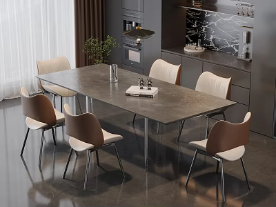 Modern Dining Room With Gray Tabletop Metal Legs And Six Chairs Kitchen Background 3d model