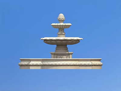 White Multi Tiered Water Fountain With Decorative Base Against Blue Sky 3d model