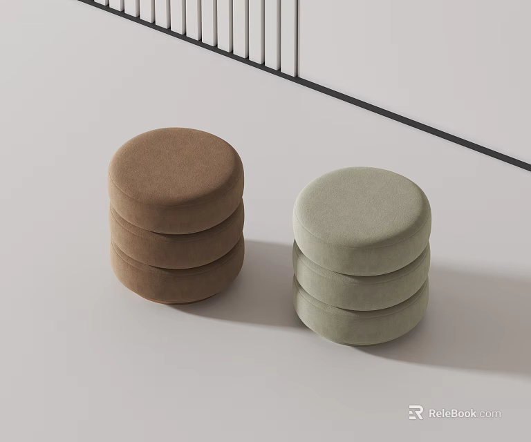 Round Stacked Upholstered Stools in Brown and Light Green Modern Style 3d model 