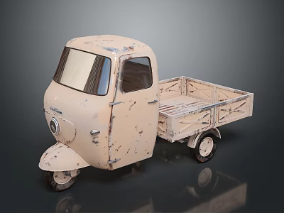Vintage Three Wheeled Motorcycle With Rustic Light Colored Body And Flatbed Cargo Bed 3d model