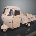 Vintage Three Wheeled Motorcycle With Rustic Light Colored Body And Flatbed Cargo Bed