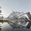 Spiritual Religious Sacred Space With Modern Triangular Concrete Structure And Neatly Arranged Benches
