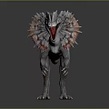 3D Feathered Dinosaur Character With Open Mouth Red Throat And Gray Spiky Body