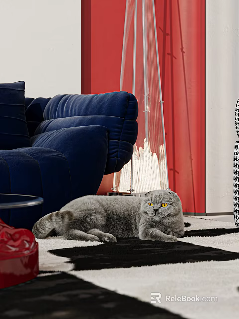Inflatable Sofa Design With Blue Upholstery Red Curtains And Gray Cat 3d model 