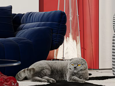 Inflatable Sofa Design With Blue Upholstery Red Curtains And Gray Cat 3d model