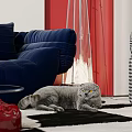Inflatable Sofa Design With Blue Upholstery Red Curtains And Gray Cat