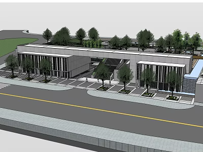 Modern Commercial Complex Exterior With Landscaping Trees And Road Access 3d model
