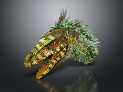 Detailed Feathered Dinosaur Head With Green Yellow Plumage And Red Eyes 3d model
