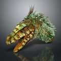 Detailed Feathered Dinosaur Head With Green Yellow Plumage And Red Eyes