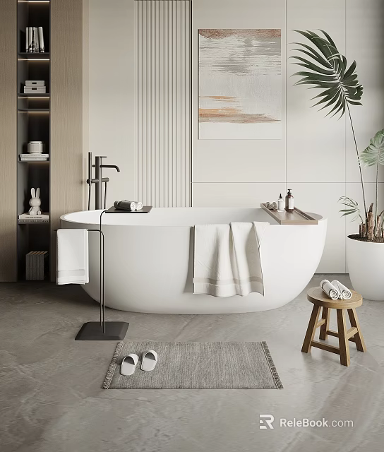 Modern White Freestanding Bathtub With Wooden Stool Towels And Green Plant 3d model 