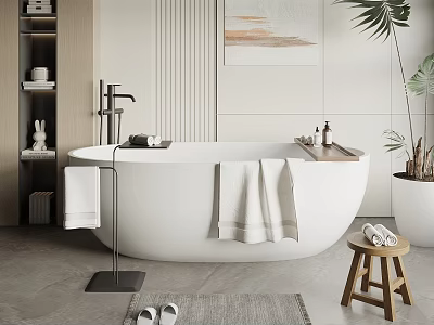 Modern White Freestanding Bathtub With Wooden Stool Towels And Green Plant 3d model
