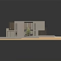 Modern Detached Villa With Red Roof Gray Walls Orange Door Green Lawn And Wooden Platform