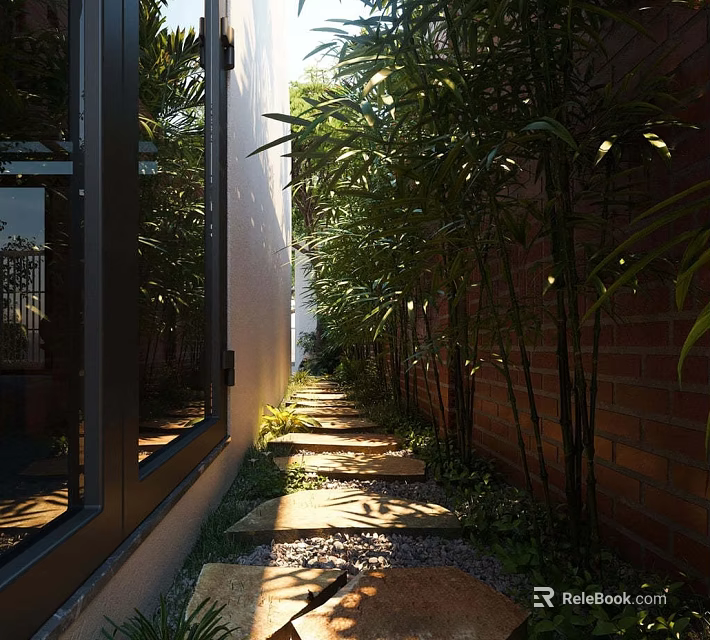 Serene Garden Pathway With Stone Steps Tall Bamboo Sunlight Brick Wall And Glass Window 3d model 