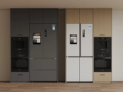Modern Kitchen Appliance Combinations Featuring Black White Refrigerator Oven And Wood Cabinets 3d model