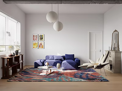 Living Room With Blue Sofa Colorful Area Rug And White Spherical Pendant Lights 3d model