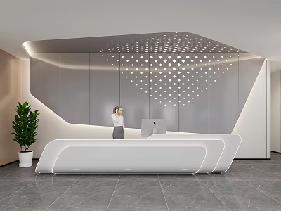 Modern Office Reception Desk With Curved Design Grey Wall And Green Plant 3d model