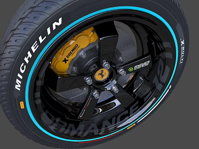 Michelin Performance Tomcat Tire With Black Wheel Rim And Yellow X KING Brembo Brake Caliper 3d model