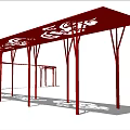Red Curved Pergola With Ornate Laser Cut Patterns And Support Columns 3d model