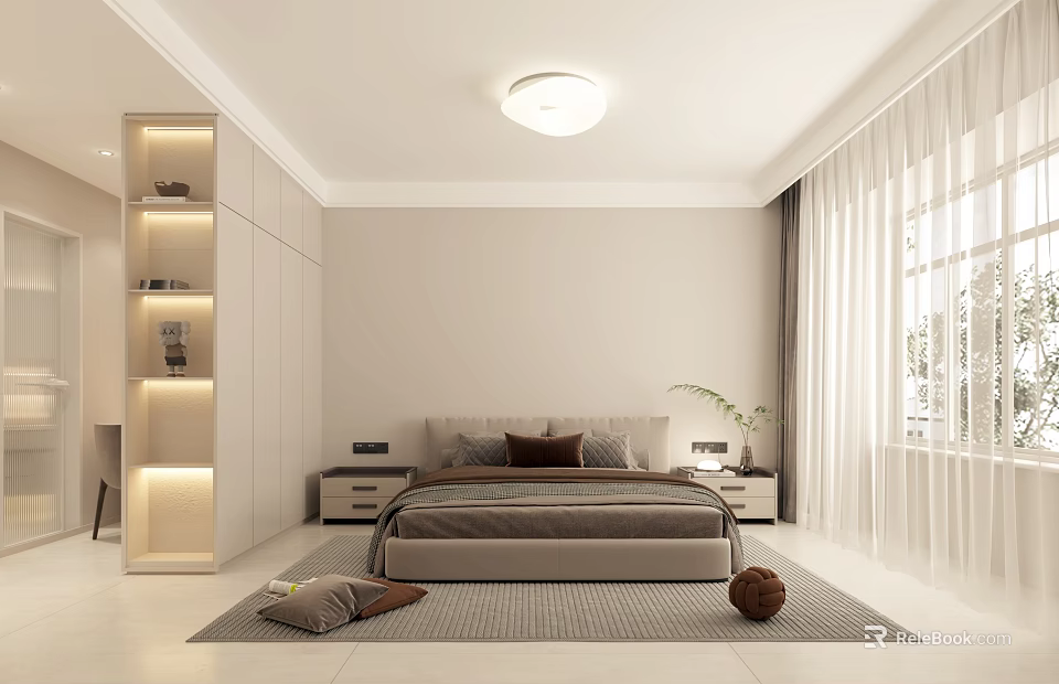 Modern Bedroom With Neutral Bed Built In Wardrobe LED Shelves Large Window And Gray Rug 3d model 