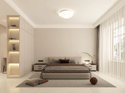 Modern Bedroom With Neutral Bed Built In Wardrobe LED Shelves Large Window And Gray Rug 3d model