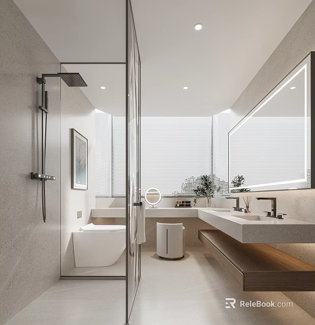 Modern Bathroom Interior Design With Glass Shower Vanity Mirror Toilet And Plants 3d model 