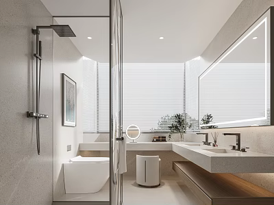 Modern Bathroom Interior Design With Glass Shower Vanity Mirror Toilet And Plants 3d model