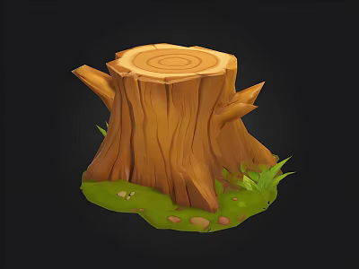 Cartoon Tree Stump With Detailed Wooden Texture And Green Grass Stones 3d model
