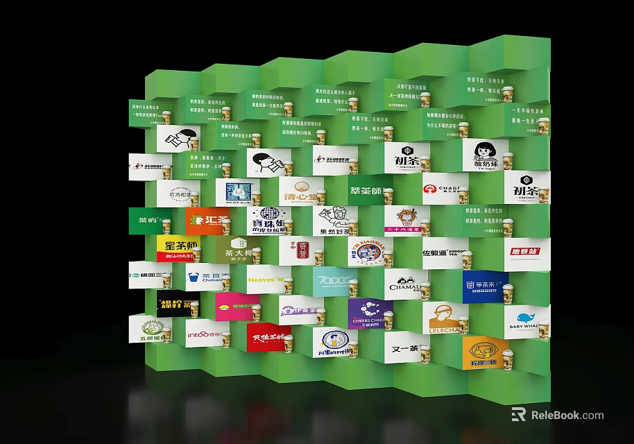 Check in Platform With Multiple Brand Logos Displayed on Green Three Dimensional Structure 3d model