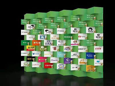 Check in Platform With Multiple Brand Logos Displayed on Green Three Dimensional Structure 3d model