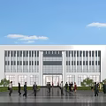 Modern Office Building With White Exterior Glass Curtain Wall And Front Plaza People Greenery