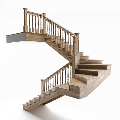 Modern Wooden Staircase Interior Design With Handrail Steps And Landing Platform 3d model