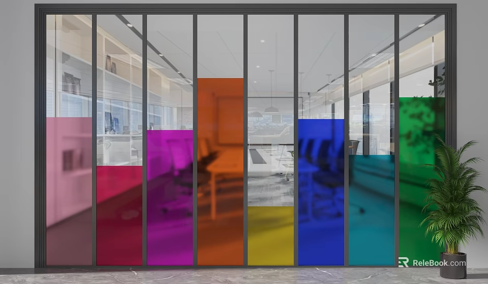 Colorful Glass Partition For Modern Office Interior With Vibrant Panels And Workspace Design 3d model 