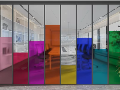 Colorful Glass Partition For Modern Office Interior With Vibrant Panels And Workspace Design 3d model