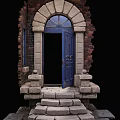 Blue Entrance Door With Arched Lintel Brick Wall Window Stone Steps And Stone Decorations
