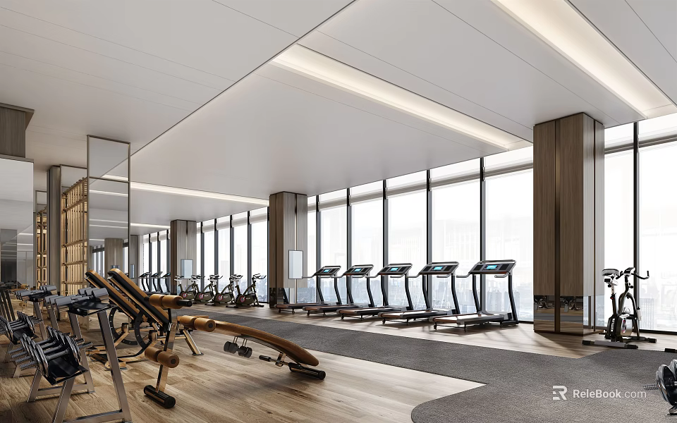 Modern Gym Interior With Treadmills Fitness Equipment Wooden Floors And Large Windows 3d model 