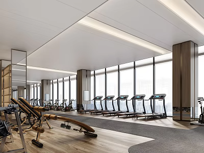 Modern Gym Interior With Treadmills Fitness Equipment Wooden Floors And Large Windows 3d model