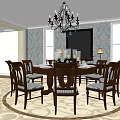 Elegant Dining Table Set With Dark Wooden Table Upholstered Chairs Chandelier And Patterned Wallpaper 3d model