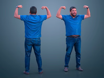 Man Flexing Muscles In Blue T Shirt And Blue Jeans Front And Back Views 3d model