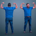 Man Flexing Muscles In Blue T Shirt And Blue Jeans Front And Back Views