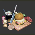 Delicious Burger with Sesame Bun Onion Rings Tomato Slices and Drink on Yellow Tray