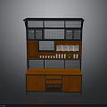 Modern Multi Tier Storage Furniture With Black Mesh Shelves And Wooden Cabinet Displaying White Cups